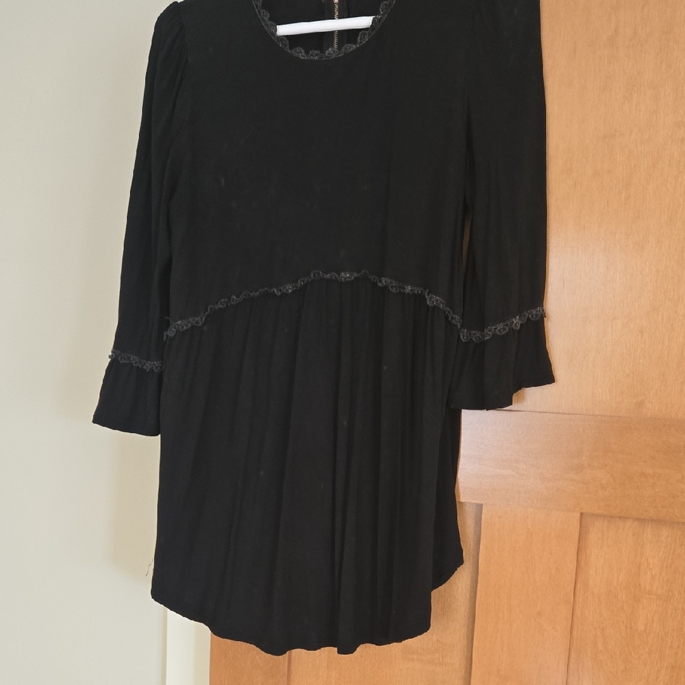 POL Black Lace-Trim Long Sleeve Top
